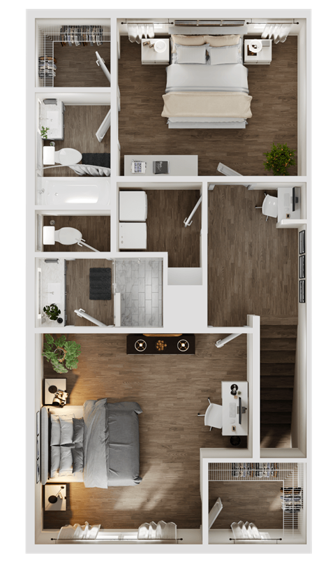 3-D rendering of the upper level of a 2-bedroom, 2.5-bathroom townhouse with garage at Turnberry Park Luxury Rental Homes in Gardendale, AL
